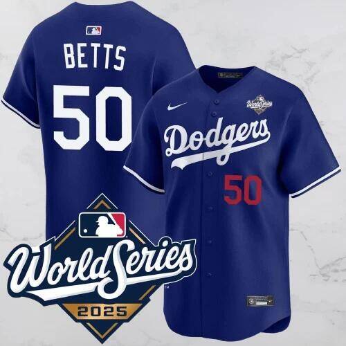 Men's Los Angeles Dodgers #50 Mookie Betts Blue 2025 World Series Vapor Limited Stitched Baseball Jersey Men's Los Angeles Dodgers #50 Mookie Betts Blue 2025 World Series Vapor Limited Stitched Baseball Jersey